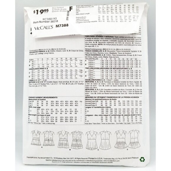 McCalls Pattern M7388 A5 US Size A5 6,8,10,12,14 Misses Top Sewing Craft Uncut - Picture 2 of 2